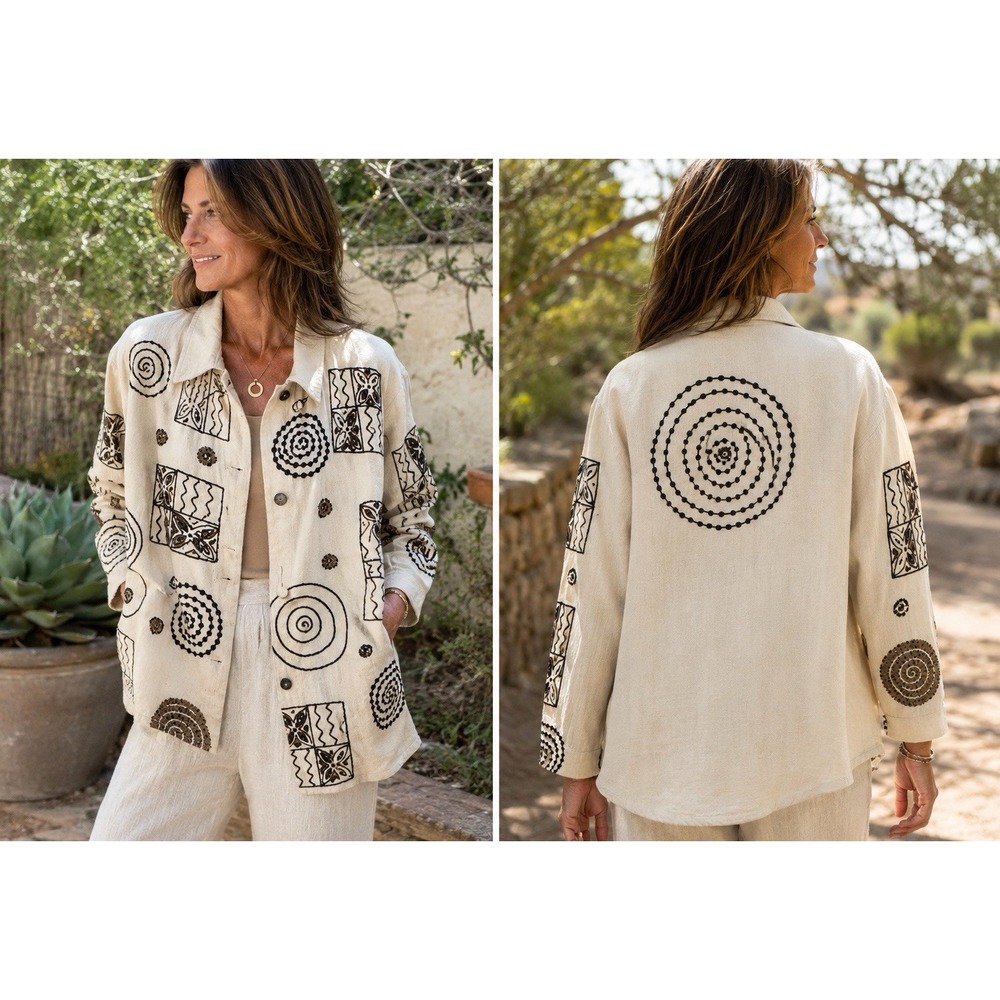 Bala Bala Artsy 100% Silk Boho Embroidered Geometric Cream Jacket Sz PS Lined